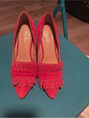 Charlies Red Suede Studded Pointed-Toe Heels